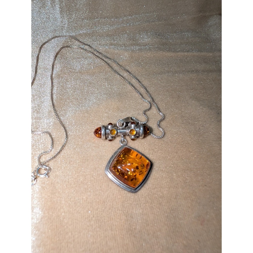 925 Sterling Silver Baltic Amber Square Pendant Box Chain Necklace Poland Cognac